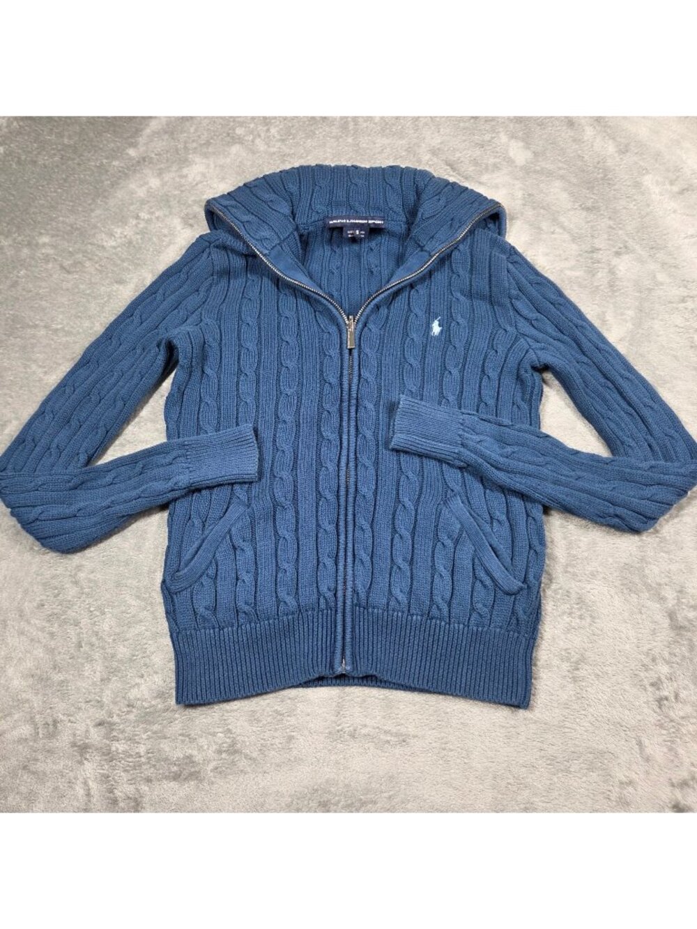 Ralph Lauren Sport Cardigan Womens Small Blue Cable Knit Shawl Collar Preppy Y2K